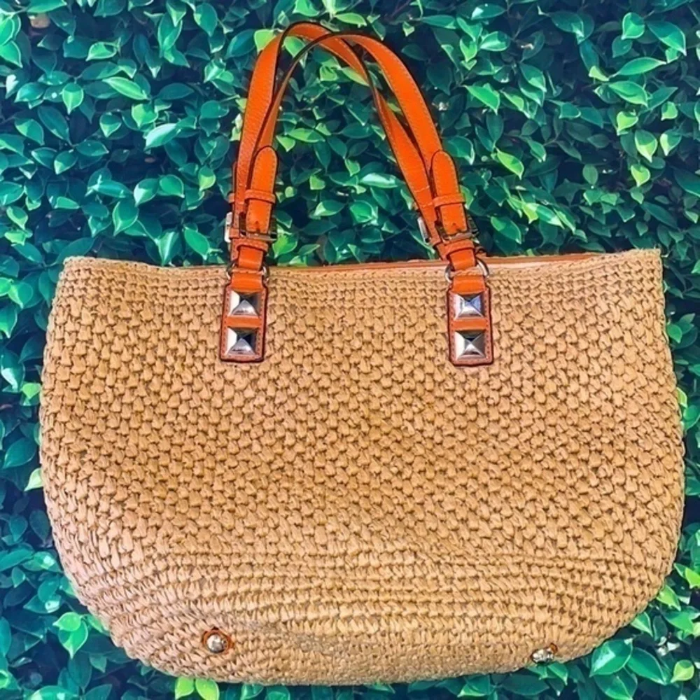 Michael Kors Woven Straw Raffia Bucket Tote Bag Summer Purse Boho Handbag